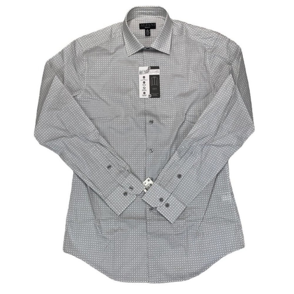 Alfani Mens Classic Regular-Fit Geo-Print Dress Shirt Grey White M 15-15.5